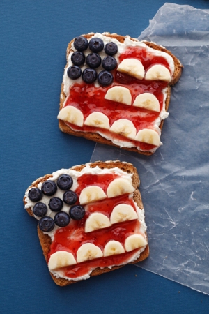 July 4th Independence Day Breakfast Toast! With blueberries, strawberry jam, cottage cheese, and bananas.